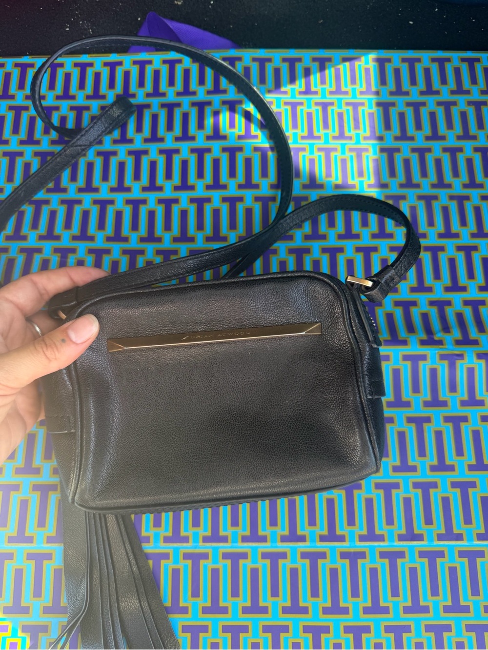 Brian Atwood Small Black Leather Crossbody Bag with Tassel